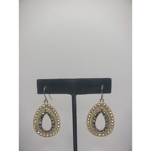 Vintage Earrings Pierced Gold Tone Gray Crystals Drop Dangle Jewelry Costume